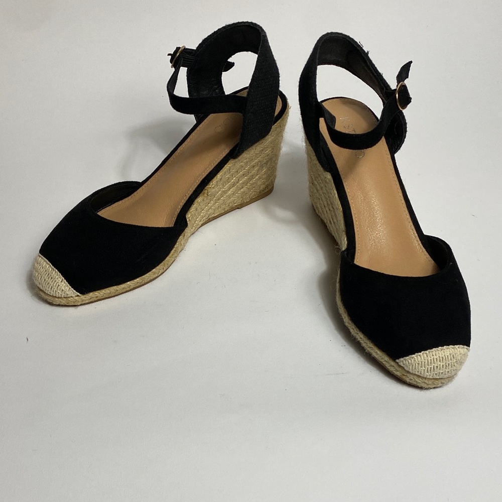 Classic Black Faux Suede Espadrille Wedge Ankle Strap Sandals! 8 - Picture 1 of 6